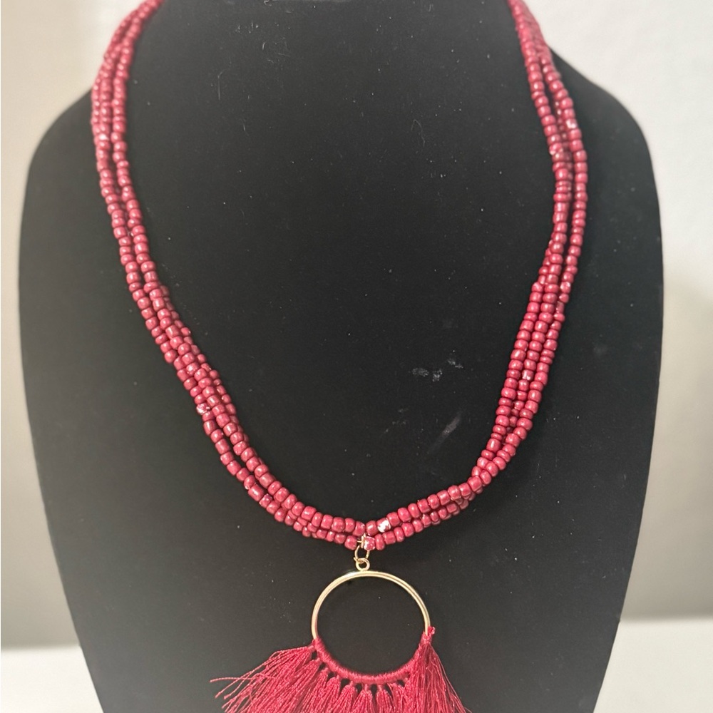 Red Multi-Strand Beaded Necklace with Tassel